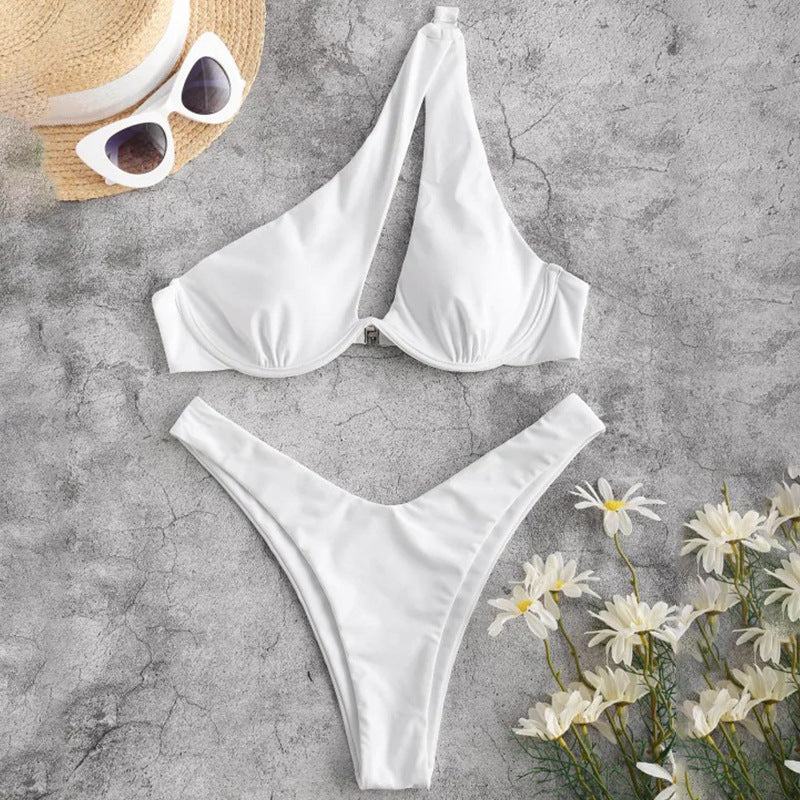 Damski dwuczęściowy strój kąpielowy bikini na jedno ramię z wycięciem
