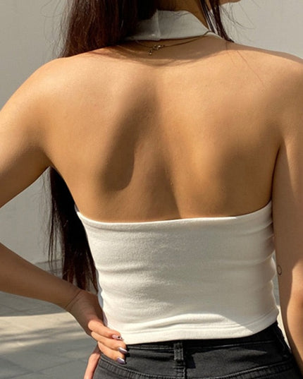 Damski crop top z odkrytymi plecami w prążki