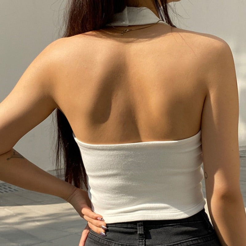 Damski crop top z odkrytymi plecami w prążki