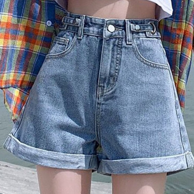 Damskie szorty mom jeans z wysokim stanem z podwiniętymi nogawkami