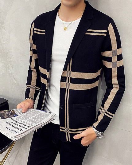 Męski sweter typu kardigan w ozdobną kratę