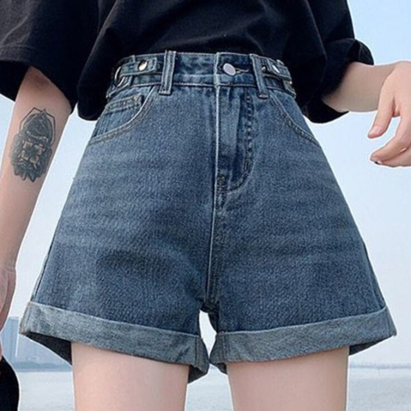 Damskie szorty mom jeans z wysokim stanem z podwiniętymi nogawkami