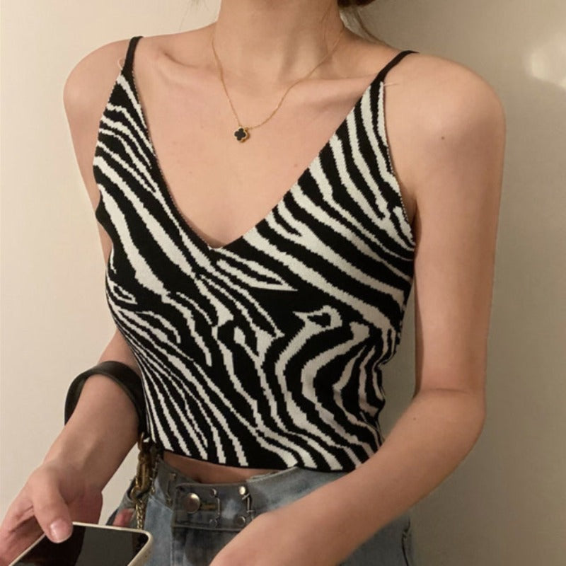 Damski crop top na ramiączkach we wzór zebry