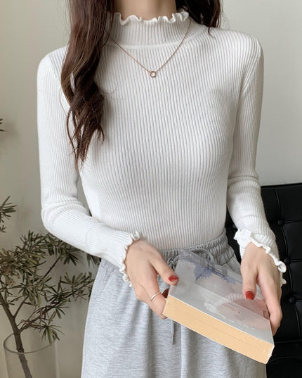 Damski sweter prążkowany z golfem zakończonym falbanką