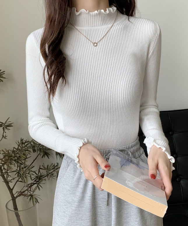 Damski sweter prążkowany z golfem zakończonym falbanką