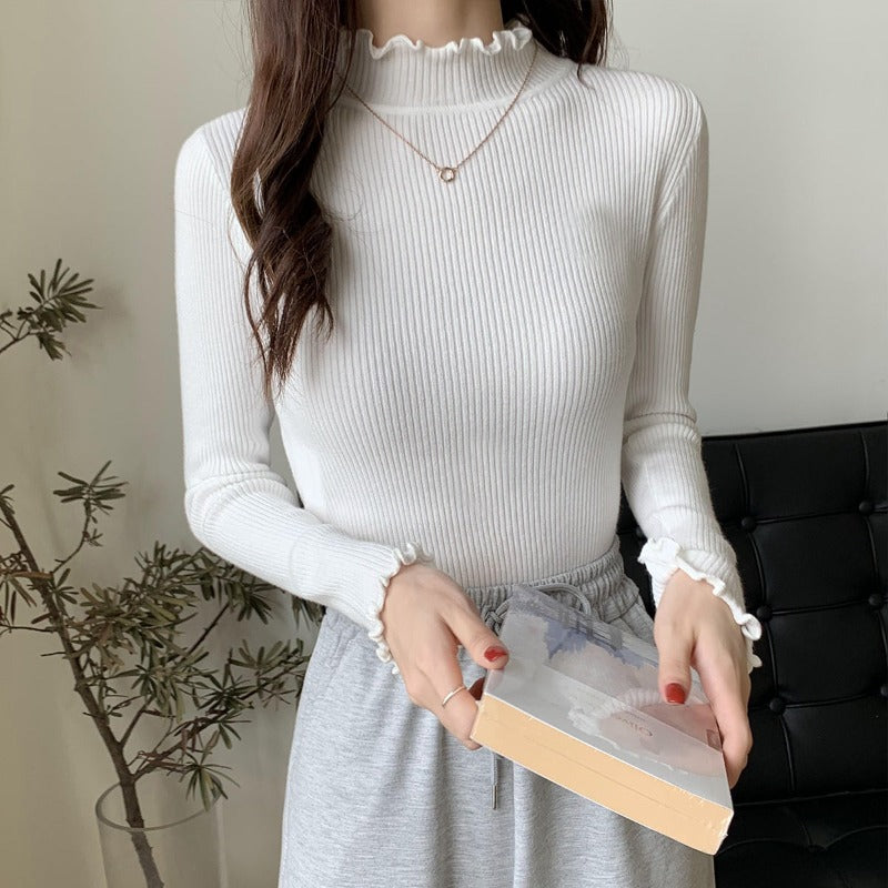 Damski sweter prążkowany z golfem zakończonym falbanką