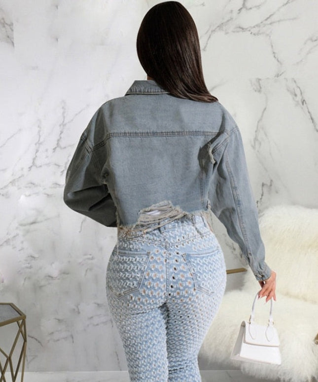 Damska kurtka jeansowa krótka z przetarciami