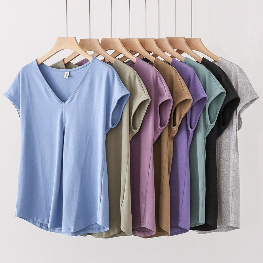 Damski T-shirt z dekoltem V o luźnym kroju