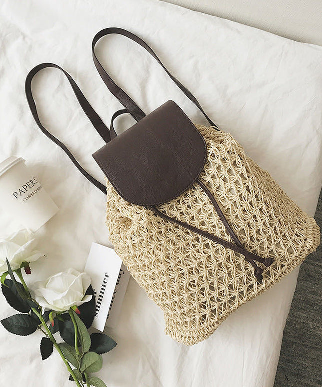 Plecak plażowy słomkowy ze skórzaną klapą