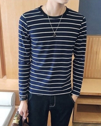 Męska koszulka z długim rękawem z okrągłym dekoltem w paski