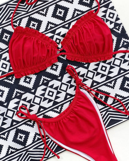 Damski dwuczęściowy strój kąpielowy bikini marszczony z wiązaniami