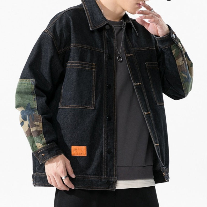Męska kurtka jeansowa oversize ze wstawkami moro