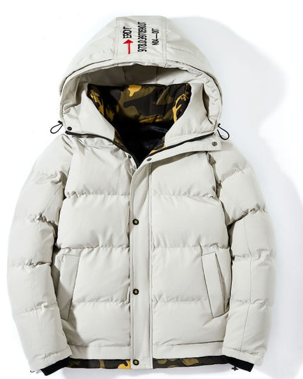 Męska kurtka zimowa pikowana z kapturem i wstawkami moro