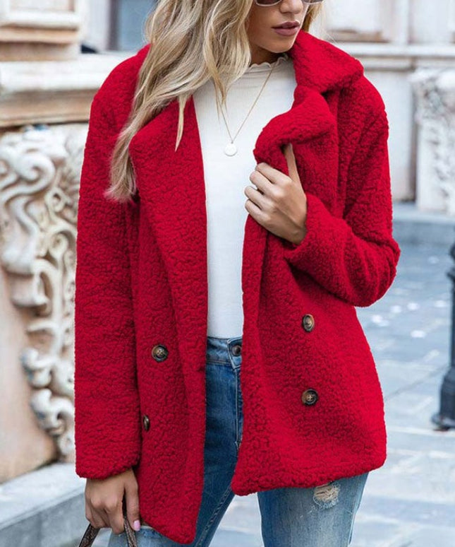 Damski płaszcz dwurzędowy z futrzanej tkaniny