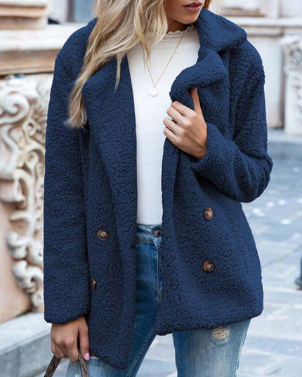 Damski płaszcz dwurzędowy z futrzanej tkaniny
