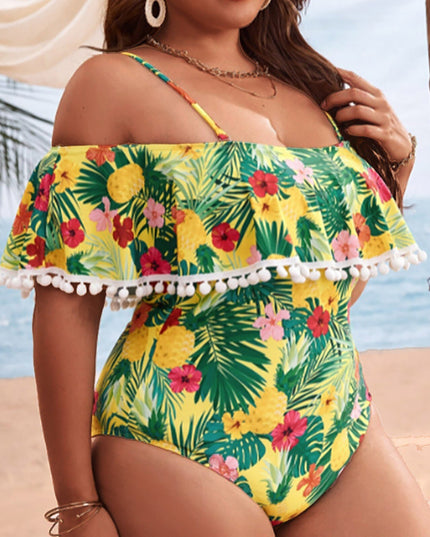 Damski jednoczęściowy strój kąpielowy plus size na ramiączkach z falbanką