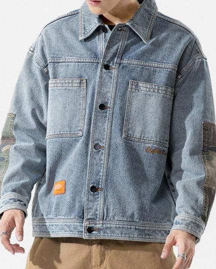 Męska kurtka jeansowa oversize ze wstawkami moro