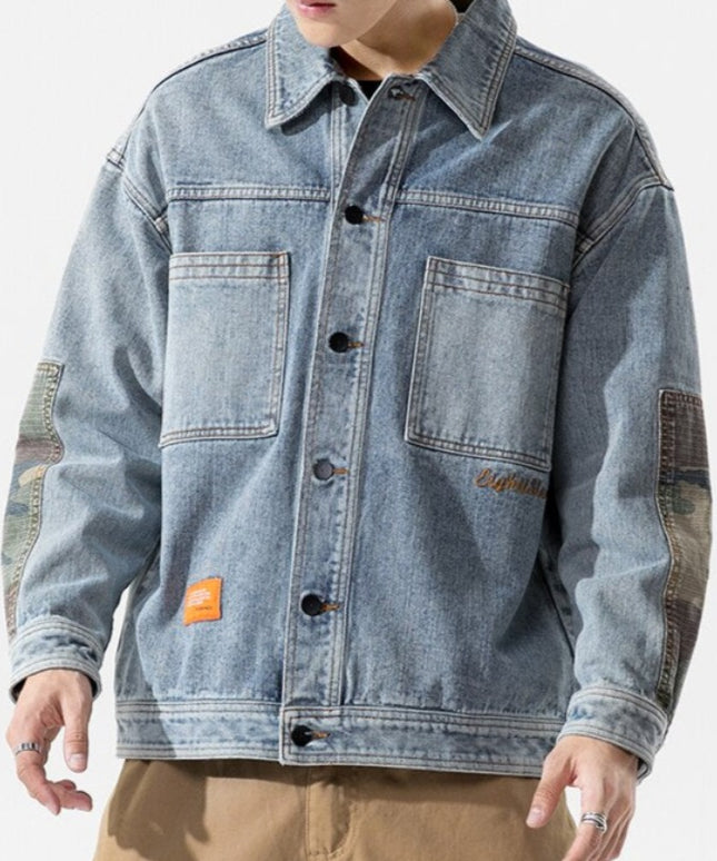 Męska kurtka jeansowa oversize ze wstawkami moro