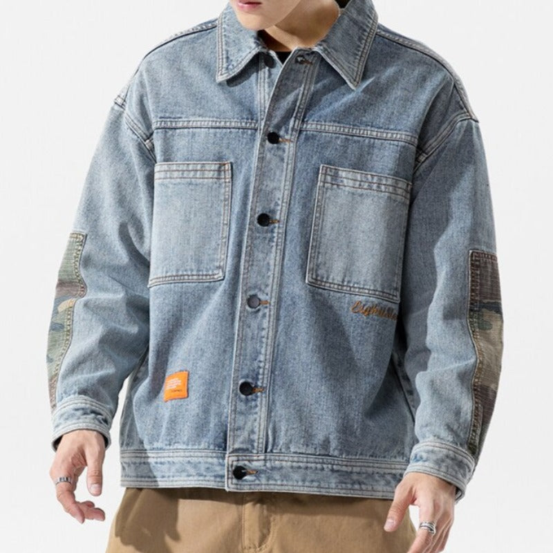 Męska kurtka jeansowa oversize ze wstawkami moro