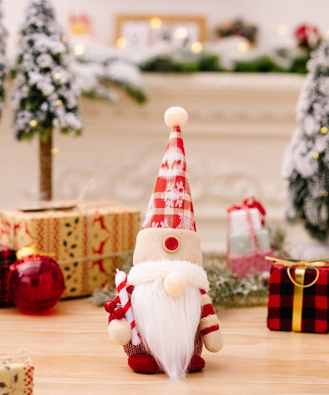 Świąteczny Bożonarodzeniowy skrzat krasnal czerwony ze świąteczną laską