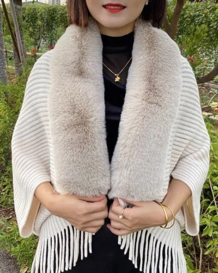 Damski sweter typu ponczo ze sztucznym futerkiem