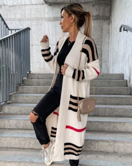 Damski sweter typu kardigan długości do kostek w kratkę