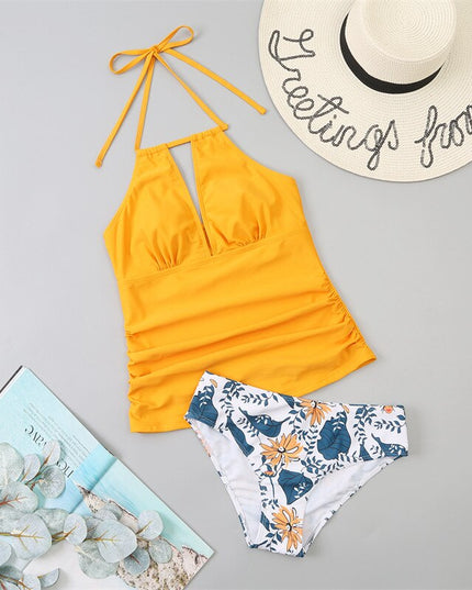 Damski dwuczęściowy strój kąpielowy tankini na ramiączkach w kwiatowe wzory