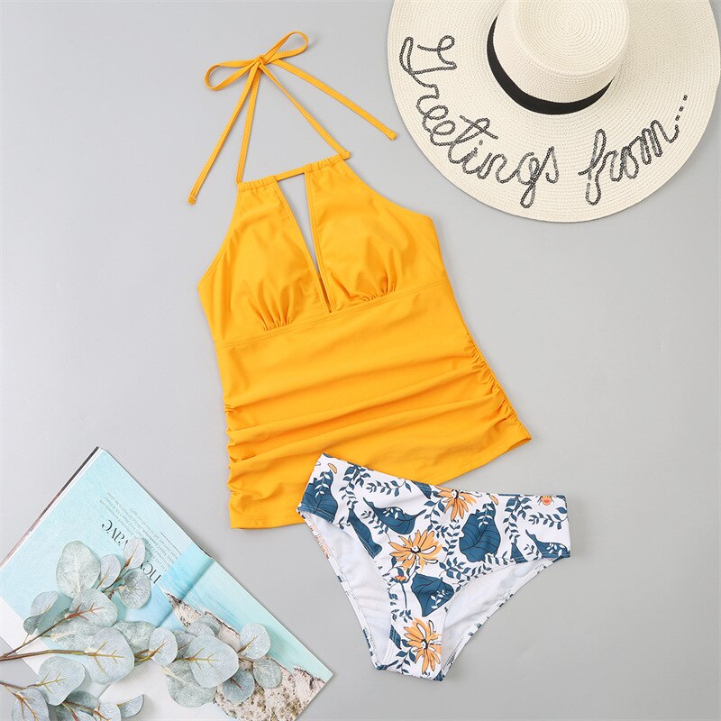 Damski dwuczęściowy strój kąpielowy tankini na ramiączkach w kwiatowe wzory