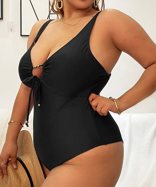 Damski jednoczęściowy strój kąpielowy plus size z ozdobnym wiązaniem