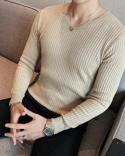 Męski sweter z dekoltem w łódkę z prążkowanej dzianiny