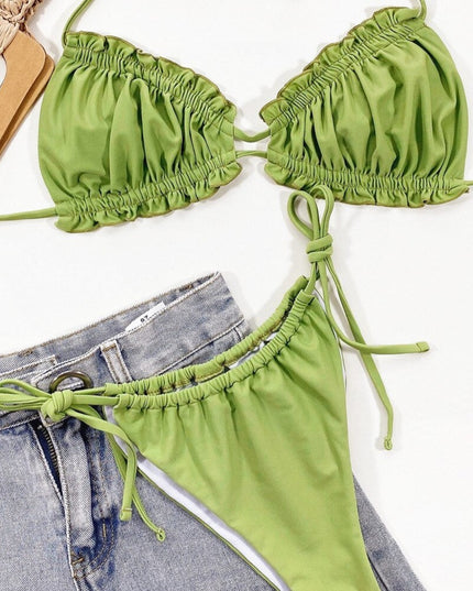 Damski dwuczęściowy strój kąpielowy bikini marszczony z wiązaniami