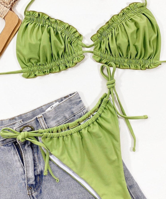 Damski dwuczęściowy strój kąpielowy bikini marszczony z wiązaniami
