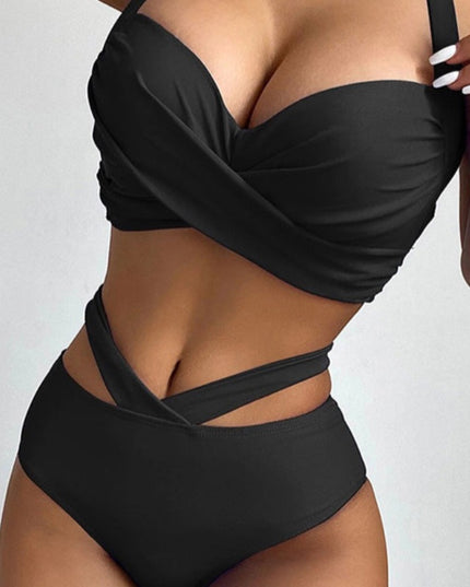 Damski dwuczęściowy strój kąpielowy bikini ze splotem i ozdobnymi paseczkami