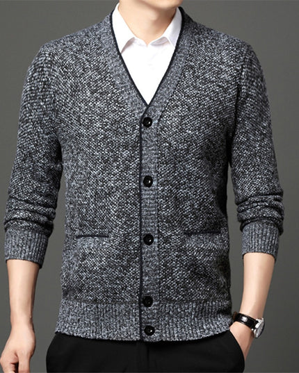 Męski sweter typu kardigan z melanżowej tkaniny zapinany na guziki