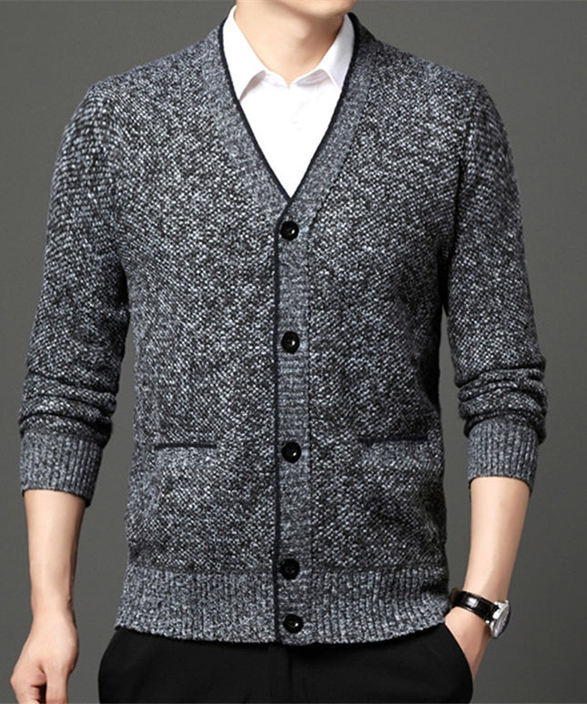 Męski sweter typu kardigan z melanżowej tkaniny zapinany na guziki