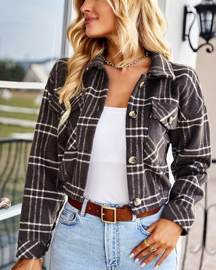 Damska kurtka przejściowa w kratkę długości crop