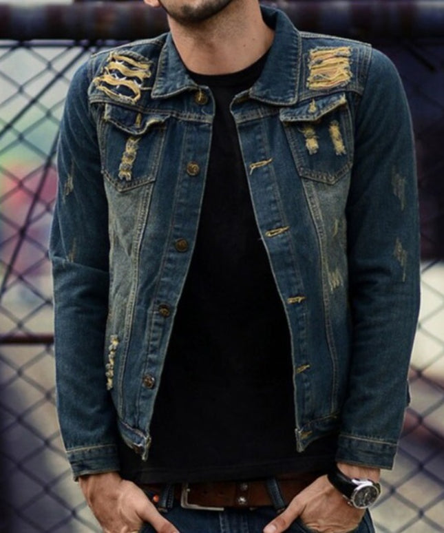 Męska kurtka jeansowa klasyczna z przetarciami