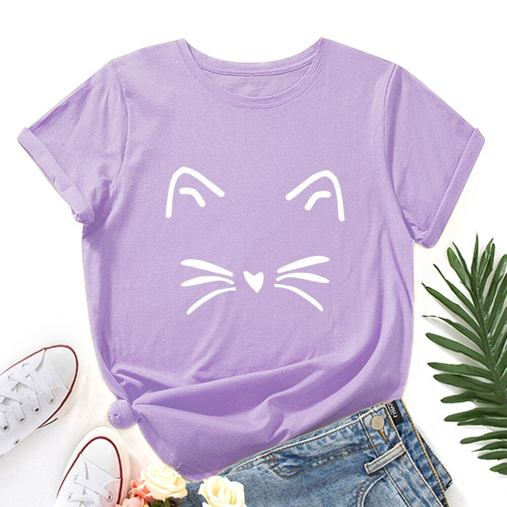 Damski T-shirt klasyczny z nadrukiem z motywem kotka