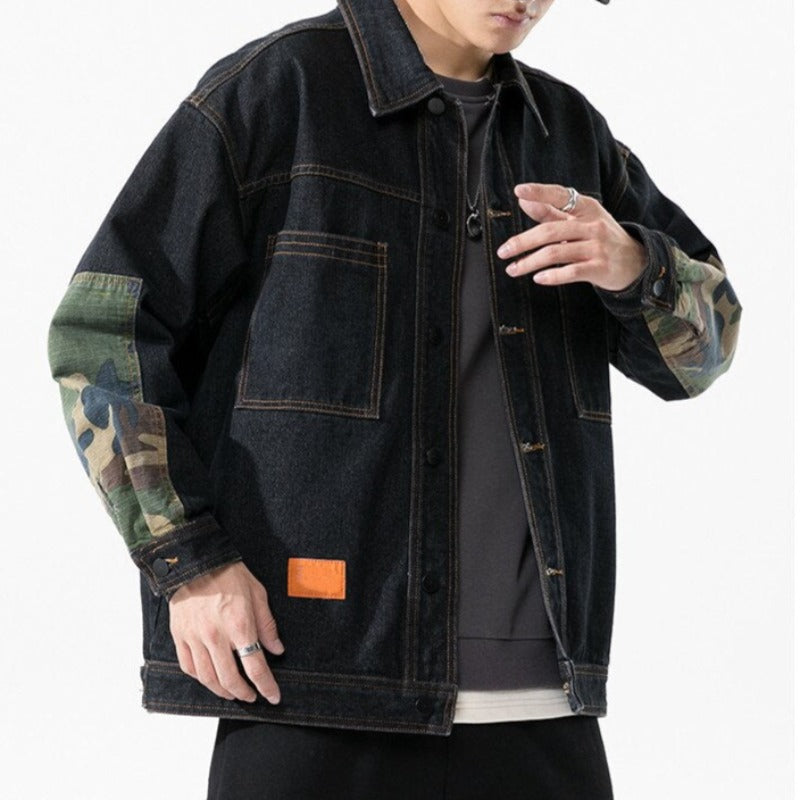 Męska kurtka jeansowa oversize ze wstawkami moro