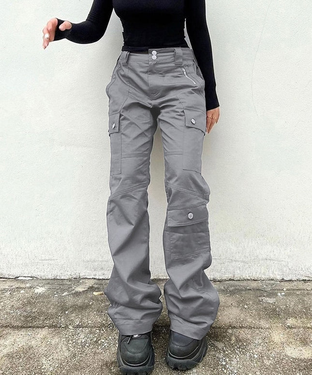 Damskie spodnie cargo z szerokimi nogawkami i kieszeniami
