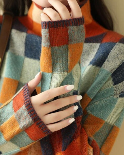 Damski sweter typu golf w ozdobną szachownicę