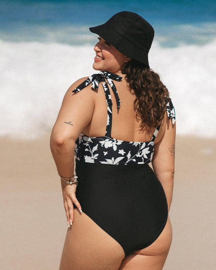 Damski jednoczęściowy strój kąpielowy plus size z wiązanymi ramiączkami