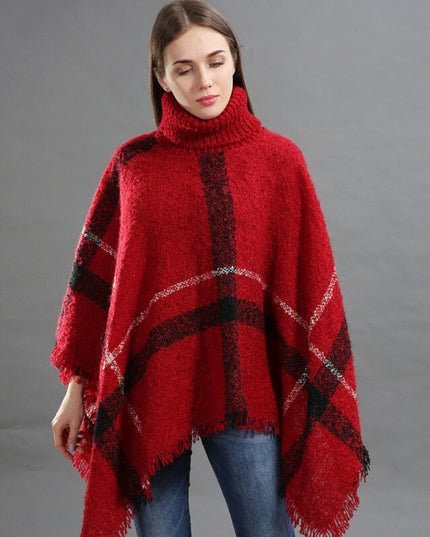 Damski sweter dziergany typu ponczo w kratę