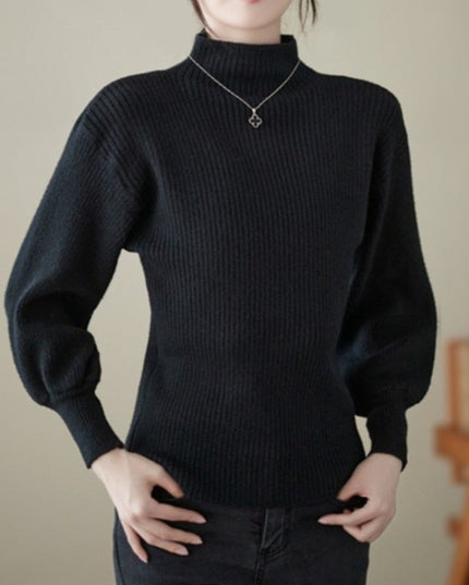 Damski sweter prążkowany z golfem i bufiastymi rękawami