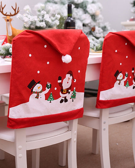 Świąteczny czerwony pokrowiec na krzesło z nadrukiem bałwana i Mikołaja