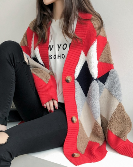 Damski sweter typu kardigan w romby