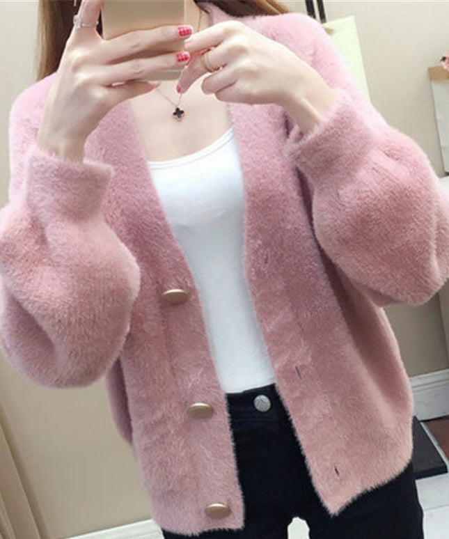 Damski sweter typu kardigan z futerkowej tkaniny