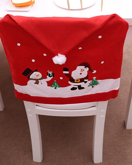 Świąteczny czerwony pokrowiec na krzesło z nadrukiem bałwana i Mikołaja