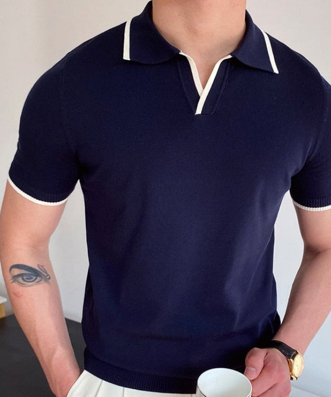 Męska koszulka polo prążkowana z ozdobną lamówką