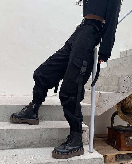 Damskie spodnie cargo z wysokim stanem i klamrami